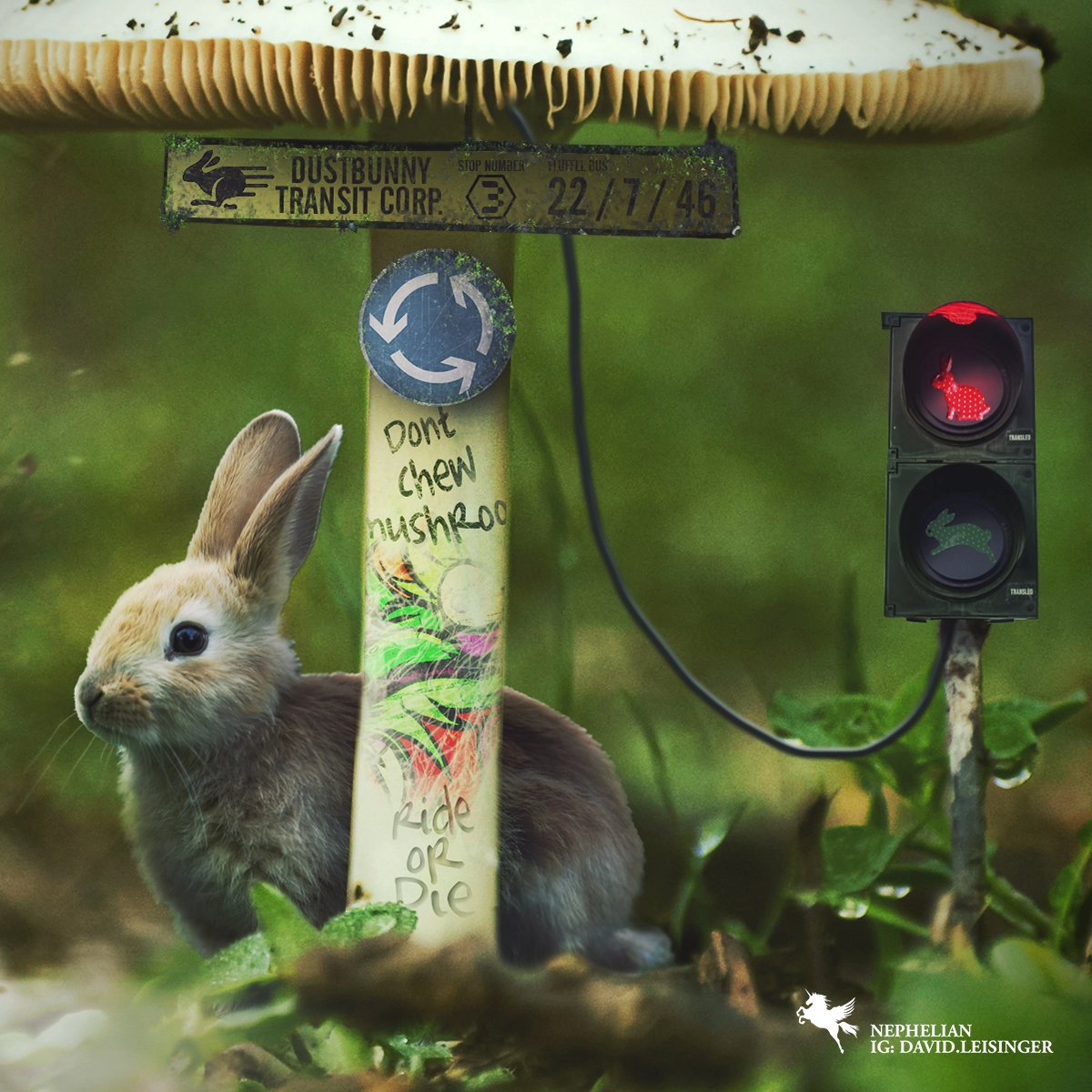 DustBunny Transit Corp ( Please don't chew the mushrooms ) 

#art #design #digital #digitalart #cgi #vfx #adobe #photoshop #photobash #rabbit #bunny #dustbunny