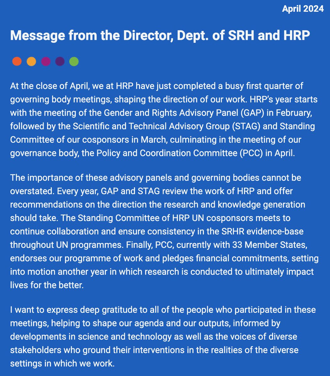 In our latest newsletter, @PascaleAllotey reflects on a busy first quarter of governing meetings and what it means for HRP. Also find highlights of our work that looks at #SRHR from various angles, from AI to #VAW to masculinities: bit.ly/3xYSMWG