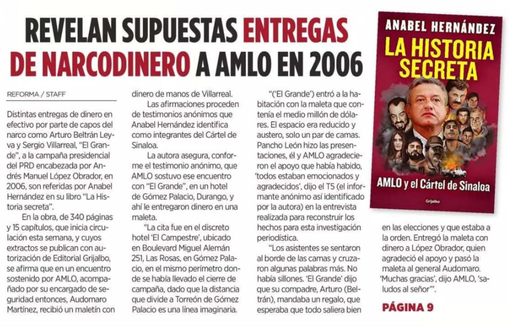 EmilioAlvarezI's tweet photo. En el 2006, @lopezobrador_ comenzó a recibir apoyo del Cártel de Sinaloa. 25 millones de dólares desde entonces, según narra un testigo a la periodista #AnabelHernandez. 

Pero también en el 2006 era un asiduo visitante de la Embajada de #EEUU en México a donde acudía a informar de la situación en el país, y les adelantaba que de ganar la presidencia militarizaría el país. 

Un doble agente, pareciera. 

@redesunidosmx @ahora_mx @FCN_mx @infobae