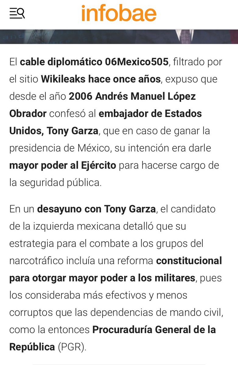 EmilioAlvarezI's tweet photo. En el 2006, @lopezobrador_ comenzó a recibir apoyo del Cártel de Sinaloa. 25 millones de dólares desde entonces, según narra un testigo a la periodista #AnabelHernandez. 

Pero también en el 2006 era un asiduo visitante de la Embajada de #EEUU en México a donde acudía a informar de la situación en el país, y les adelantaba que de ganar la presidencia militarizaría el país. 

Un doble agente, pareciera. 

@redesunidosmx @ahora_mx @FCN_mx @infobae