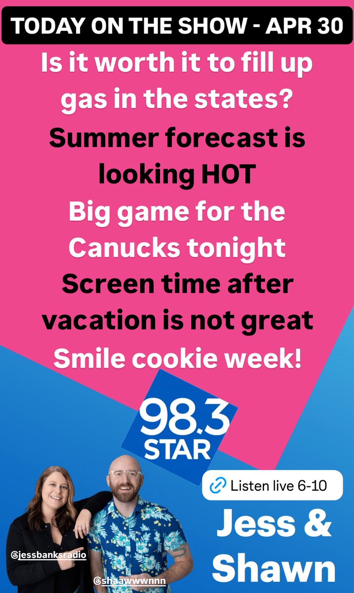 Today, mainly sunny, high 14 🌦️
Tonight, cloudy, low 1 ☁️
Tomorrow, mainly sunny, high 15 🌤️
#chilliwackbc #abbotsford #hopebc #fraservalley

Star mornings powered by @BakerNewbyLLP 

starfm.com/play/
