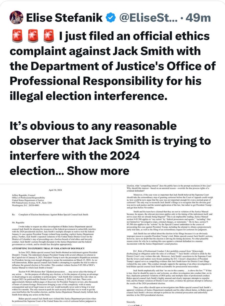 🚨🇺🇸BREAKING: GOP DEMANDS ETHICS PROBE INTO JACK SMITH FOR ELECTION INTERFERENCE REP. ELISE STEFANIK: 'It’s obvious to any reasonable observer that Jack Smith is trying to interfere with the 2024 election and stop the American people from electing Donald Trump. At every turn,…