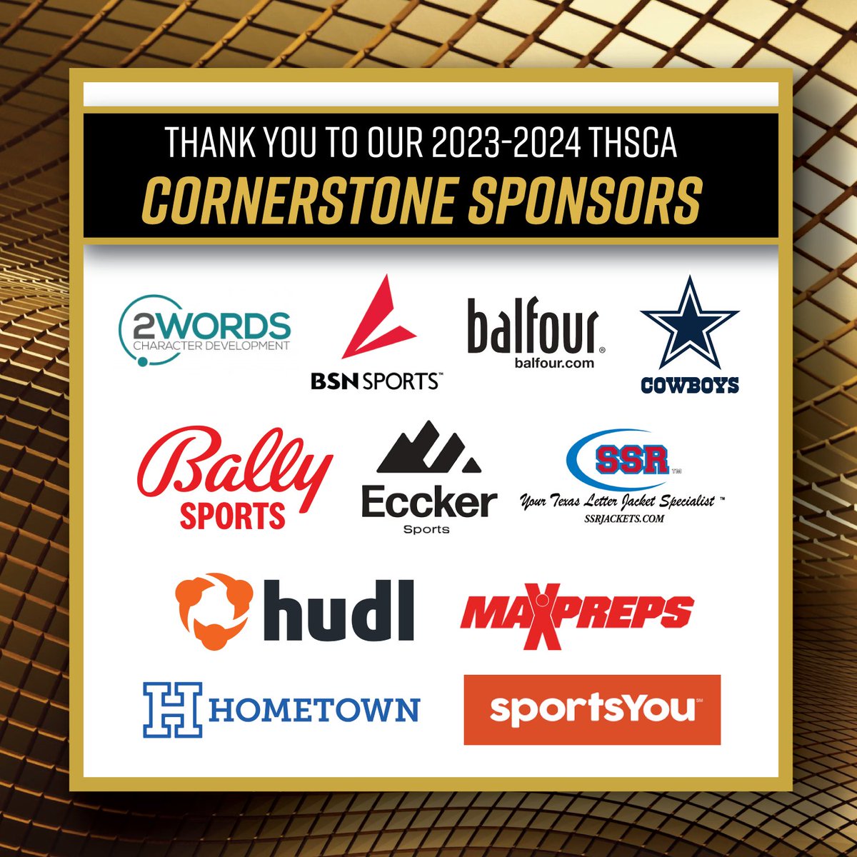 🎉HUGE THANK YOU to our THSCA Cornerstone Sponsors! You make us #THSCAstrong @2Wordstv @dallascowboys @BalfourConnect @sportsYou @BSNSPORTS_TX @BSNSPORTS @BallySportsTXHS @EcckerSports @Hudl @BallySportsTXHS @SSRJACKETS @MaxPreps @HomeTownTix @sportsYou thsca.com/sponsors