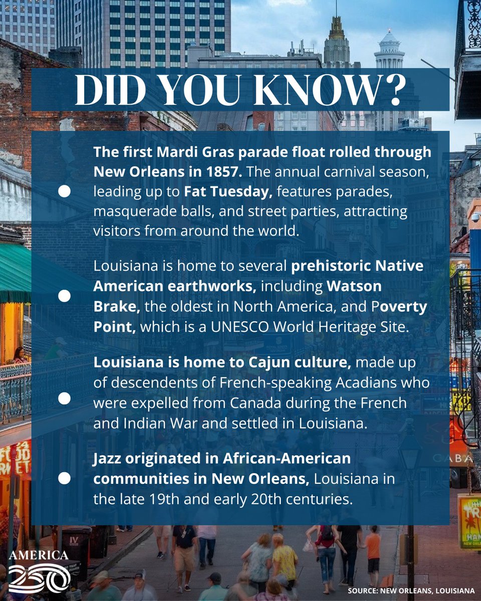 #OTD in 1812, Louisiana became a U.S. state! From the bayous of the Gulf Coast, the bustling streets of New Orleans, and the flavors of Cajun cooking in Lafayette, #Louisiana is a place of rich culture, history, and geography. What's your favorite thing about the Pelican State?