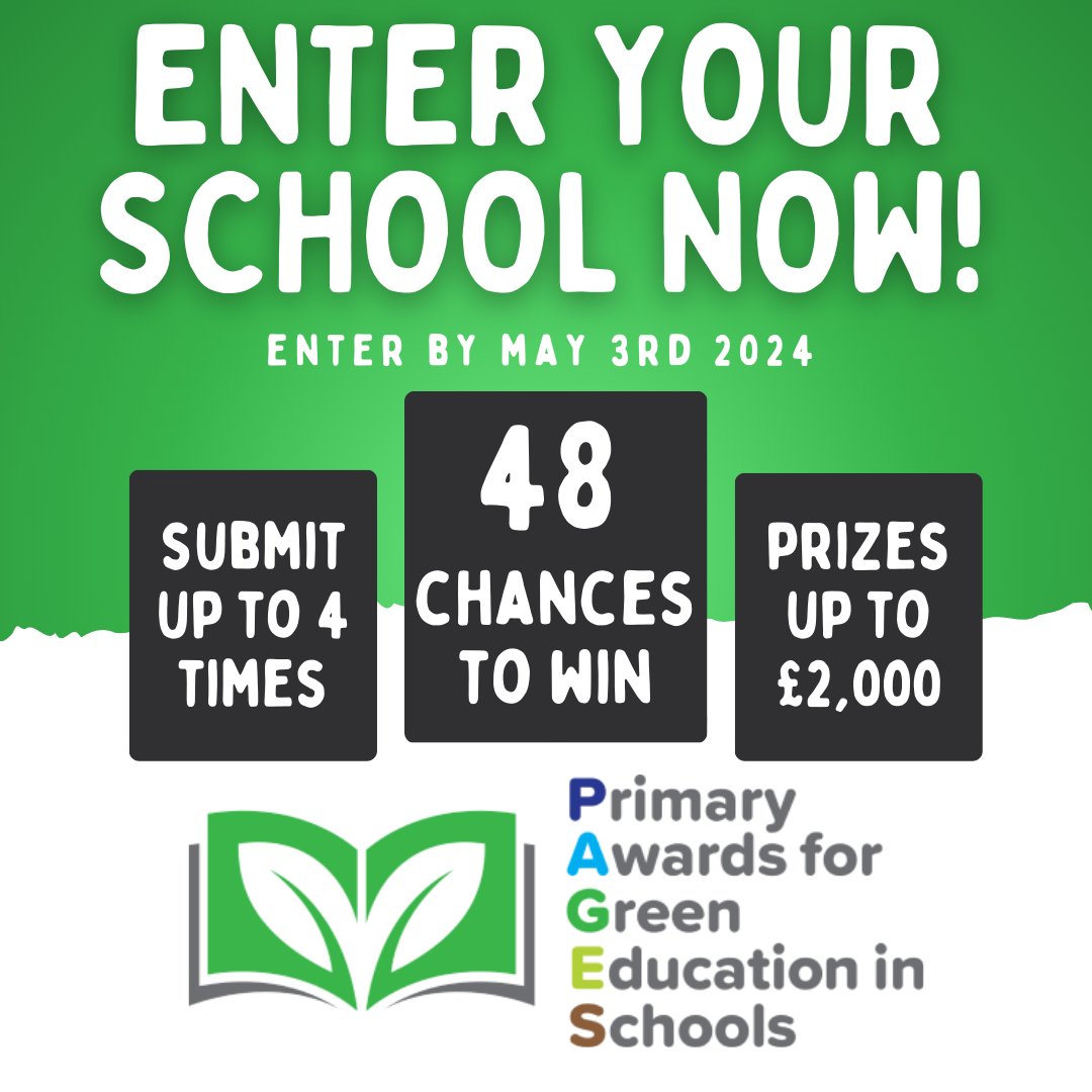 🌟 Join PAGES now! With 48 chances to win and prizes up to £2,000, it's time to showcase your environmental initiatives! Every project counts - from recycling to biodiversity to energy conservation! Don't miss out! 🌱💰 Enter now: primaryawards4greeneducation.org.uk/school/signup