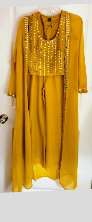 (🇺🇸🇨🇦 Ships to USA & Canada) Preloved 3-piece mustard yellow embroidered mirror detail jacket palazzo set (excellent condition) from Cartersville, GA! ✨ Shop sustainable desi fashion & find unique Indo-Western fusion outfit on PurvX Marketplace! Shop Now: buff.ly/4d6L8d3