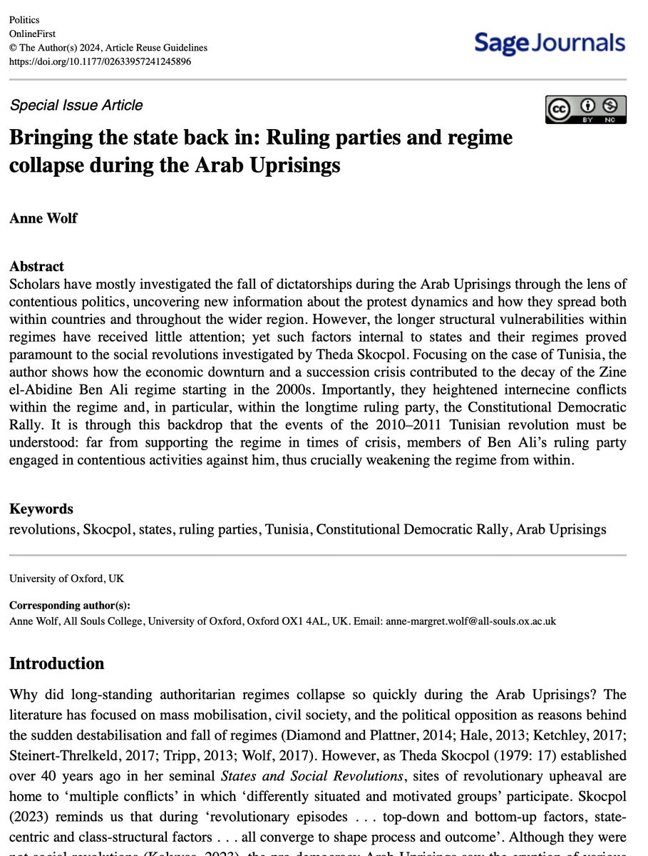 Thrilled that my article on ruling parties and authoritarian collapse during the Arab Uprisings has been published as part of a special issue on (and with!) Theda Skocpol, as well as @SKalyvas @HDrochon and Markus Kreuzer. It's available open access 👇👇👇journals.sagepub.com/doi/full/10.11…