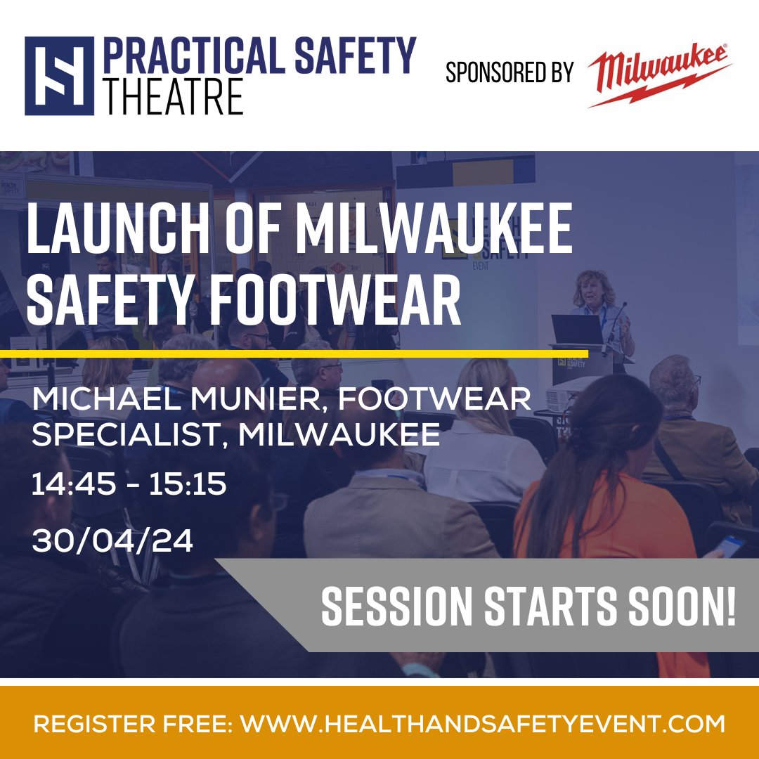 Session starts in 15 mins! 🗣️ Head over to The Practical Safety Theatre, sponsored by Milwaukee to hear about the launch of Milwaukee's safety footwear! #HSE2024