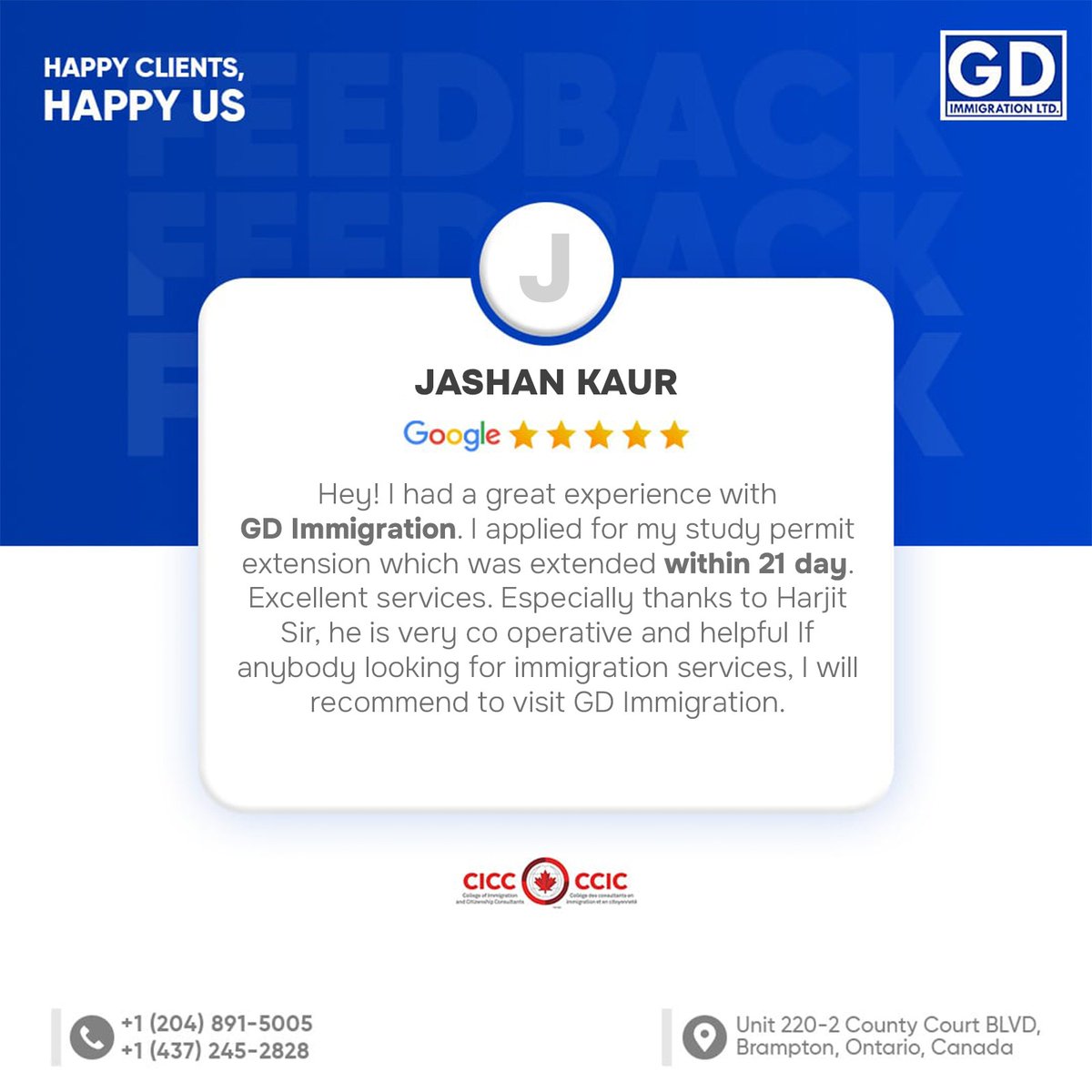 🎓 Thrilled to receive another glowing review from a satisfied client! 🎉 Jashan Kaur's study permit extension was seamlessly processed within 21 days! 🌟 

#GDImmigration #Canada #GoogleReview #CanadaSuperVisa #Visa  #VisaApproval #ImmigrationConsultants #brampton #SuccessStory