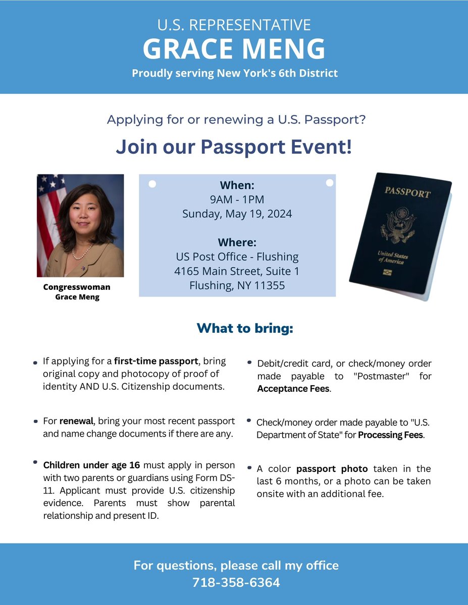 #Queens residents, are you looking to renew or apply for your passport? I'm hosting a passport event on Sunday, May 19, 9am-1pm, at the US Post Office in Flushing. Be sure to bring your necessary credentials. Questions? Call (718) 358-6364. Details👇
