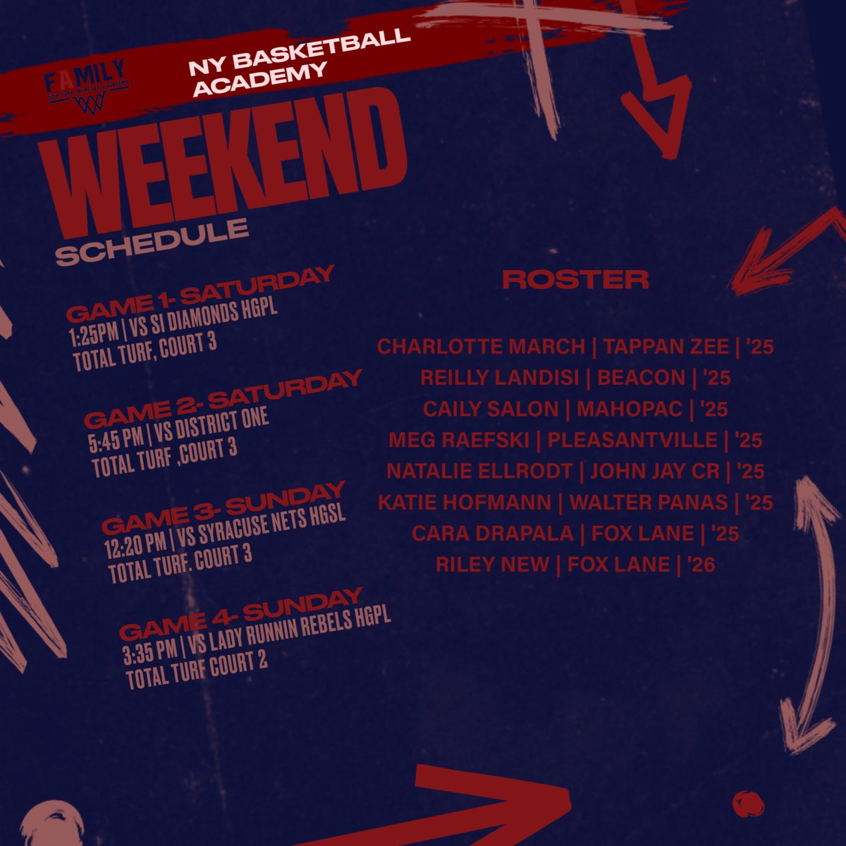 Looking at the weekend ahead for our HGPL 17U squad. 

Competitive weekend of basketball ahead vs some incredible competition!

Let’s get to work!
——
Sometimes You. 
Sometimes Me.
Always Us. 
#FamilyOn3