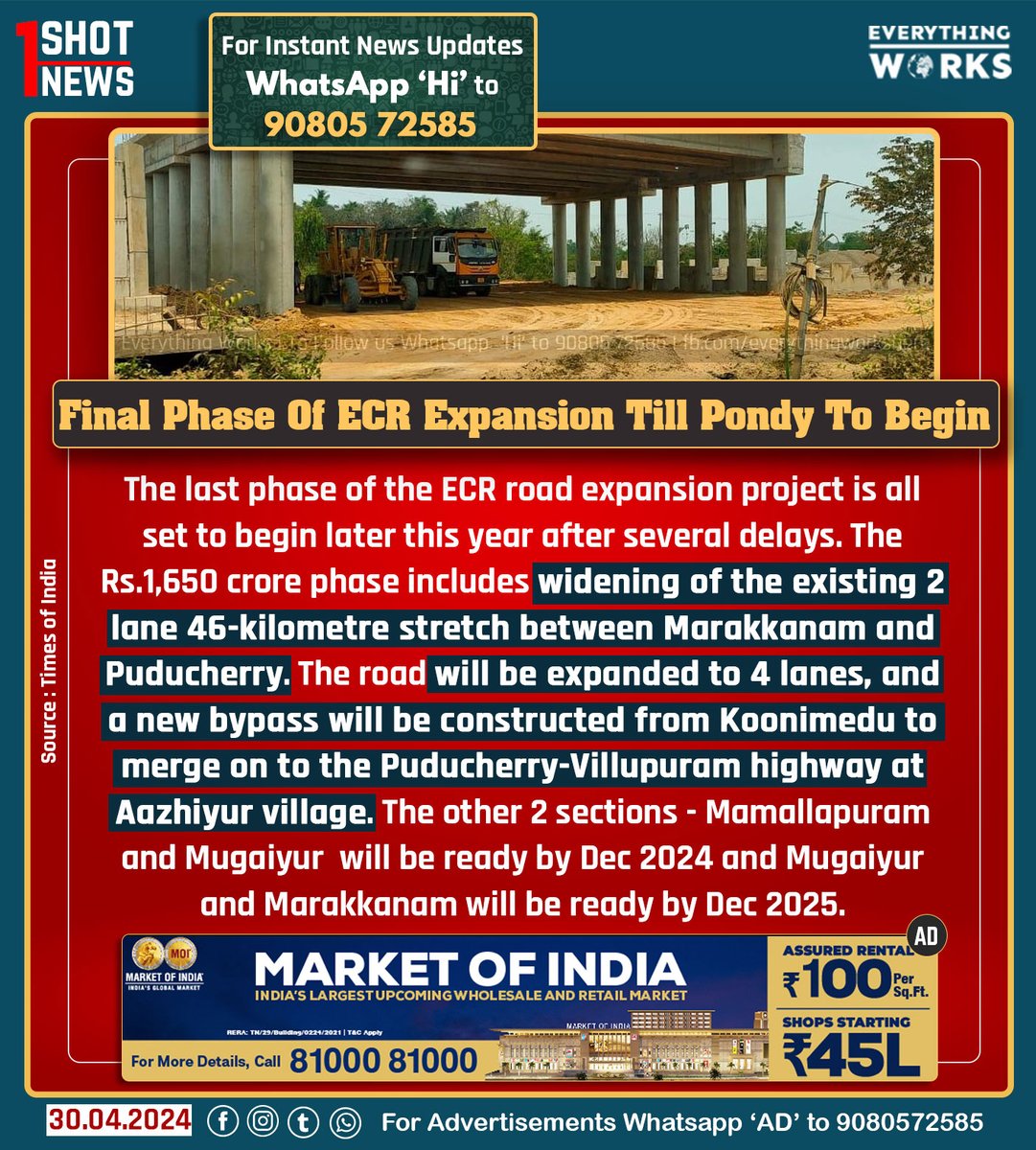 The last phase of the ECR road expansion project is all set to begin later this year after several delays. The Rs.1,650 crore phase includes widening of the existing 2 lane 46-kilometre stretch between Marakkanam and Puducherry. The road will be expanded to four lanes, and a new