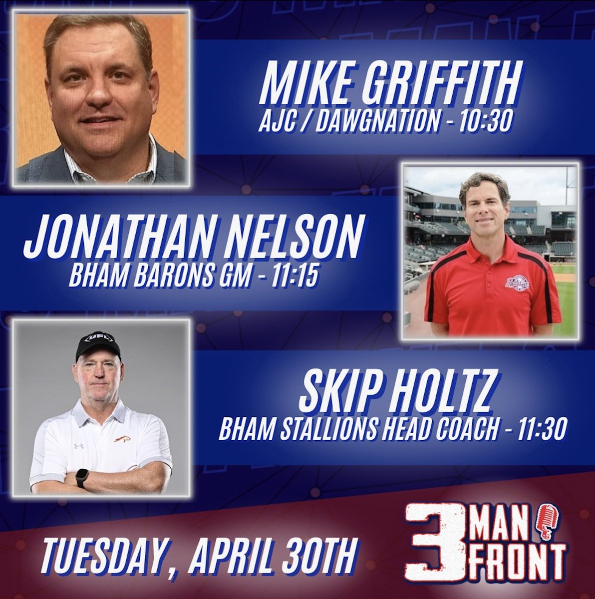 It's 🌮Tuesday, which means you need to join @3ManFront from @SoHoTacoAL ! Live from 10-2pm on @WJOX945 . 10:30 @MikeGriffith32 11:15 @JonathanN_Bham 11:30 @CoachSHoltz