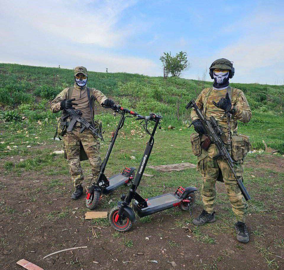 Russian soldiers with electric scooters in Ukraine.