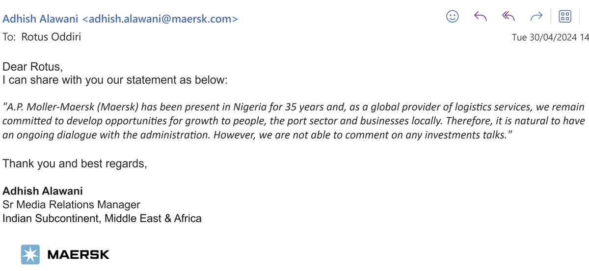 I reached out to the <a href="/Maersk/">Maersk</a> media team on the $600m Investment in Nigeria and here is what they said:

"A.P. Moller-Maersk (Maersk) has been present in Nigeria for 35 years and, as a global provider of logistics services, we remain committed to develop opportunities for growth