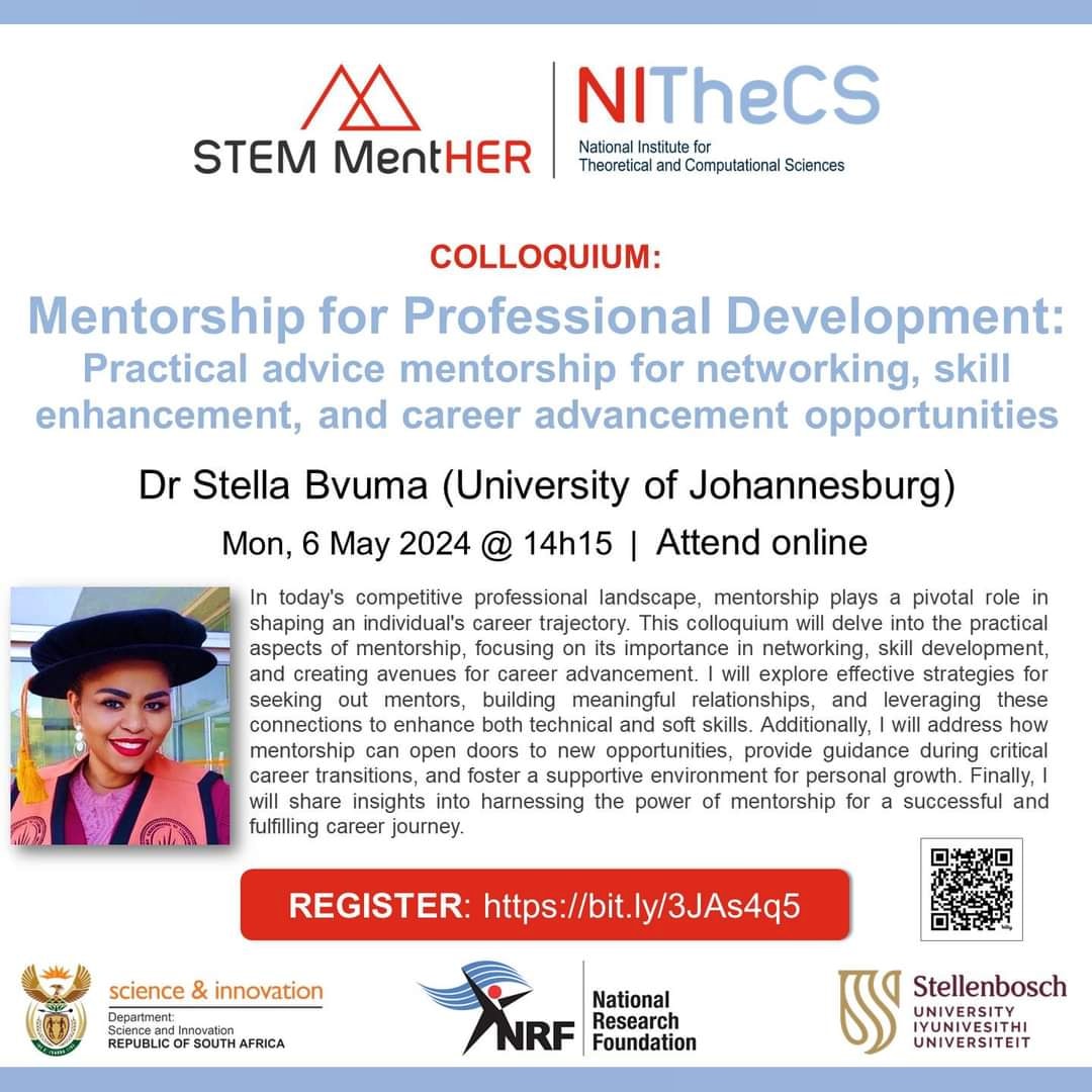 Exciting news! Save the date for the #StemMentHER public mentorship seminar on May 6th, 2024, at 14:15. 🗓️ Dr Stella Bvuma will be the speaker for the event. She will share practical advice for networking, skills enhancement, and career advancement opportunities in STEM fields.