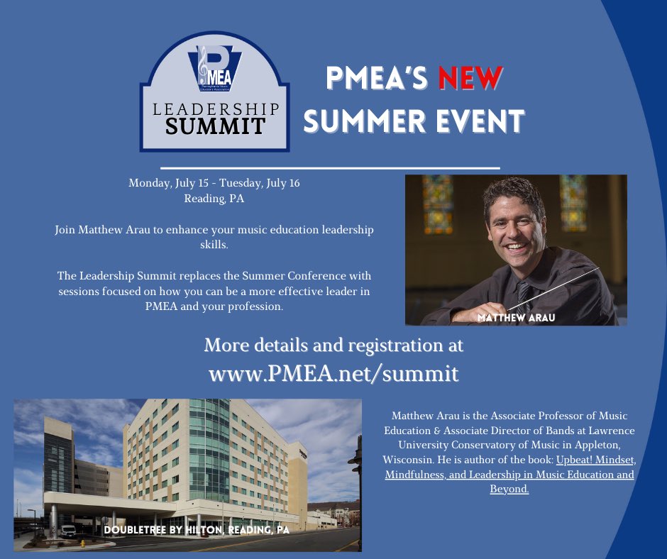 Did you know PMEA is offering a new event this summer - the PMEA Leadership Summit! Learn more about some of what we have planned, get registered, and reserve your hotel room at pmea.net/summit