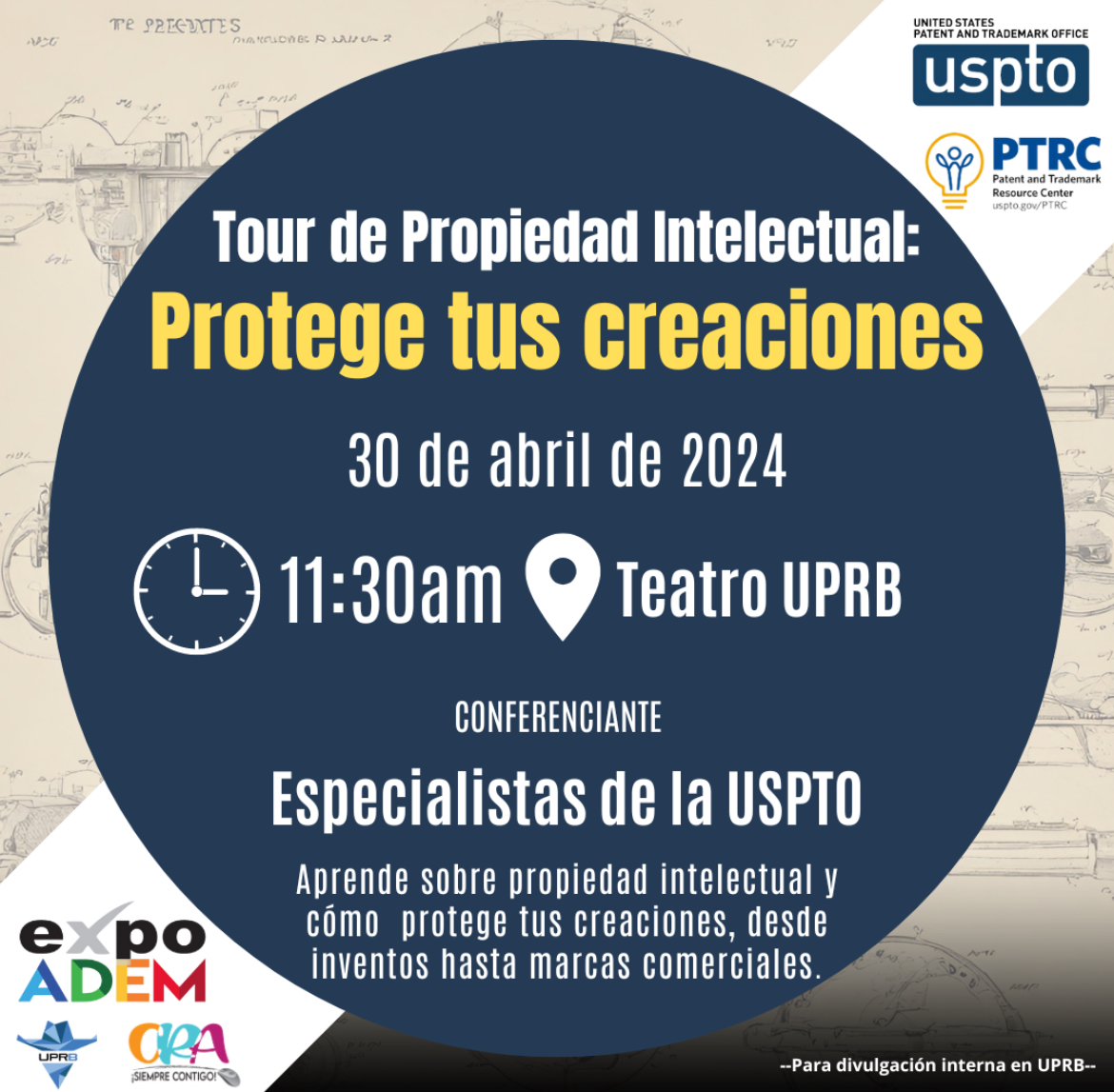 ¡Hoy en el Teatro a las 11:30 am! Descubre el mundo de la propiedad intelectual con la Expo ADEM. Acompáñanos junto a la Biblioteca Vaquera y expertos de USPTO. ¡No te lo pierdas!
#uprb #siguelaseñalvaquera #fuerzavaqueraenacción