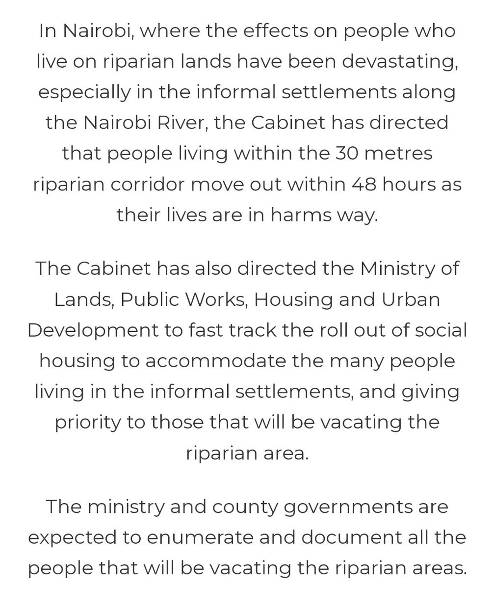 Cabinet on floods across the country. @StateHouseKenya 1. Kenyans in risky areas to move 2. Temporary shelters wl be availed & Gvt tosupport evacuation 3. Masinga/Kiambere dams a concern especially on Garissa/ Tana River 4. State dept for housing to fast track social housing.