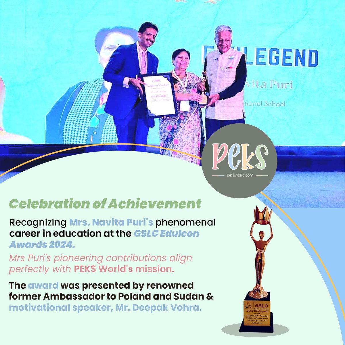 Celebrating an icon in education! PEKS World proudly commemorates Mrs Navita Puri's exceptional 42-year journey in education and her prestigious recognition as an EduLegend at the GSLC EduIcon Awards 2024🏆🌟

#EduLegend #PEKS #ExperienceADifferentWorld #EarlyLearning