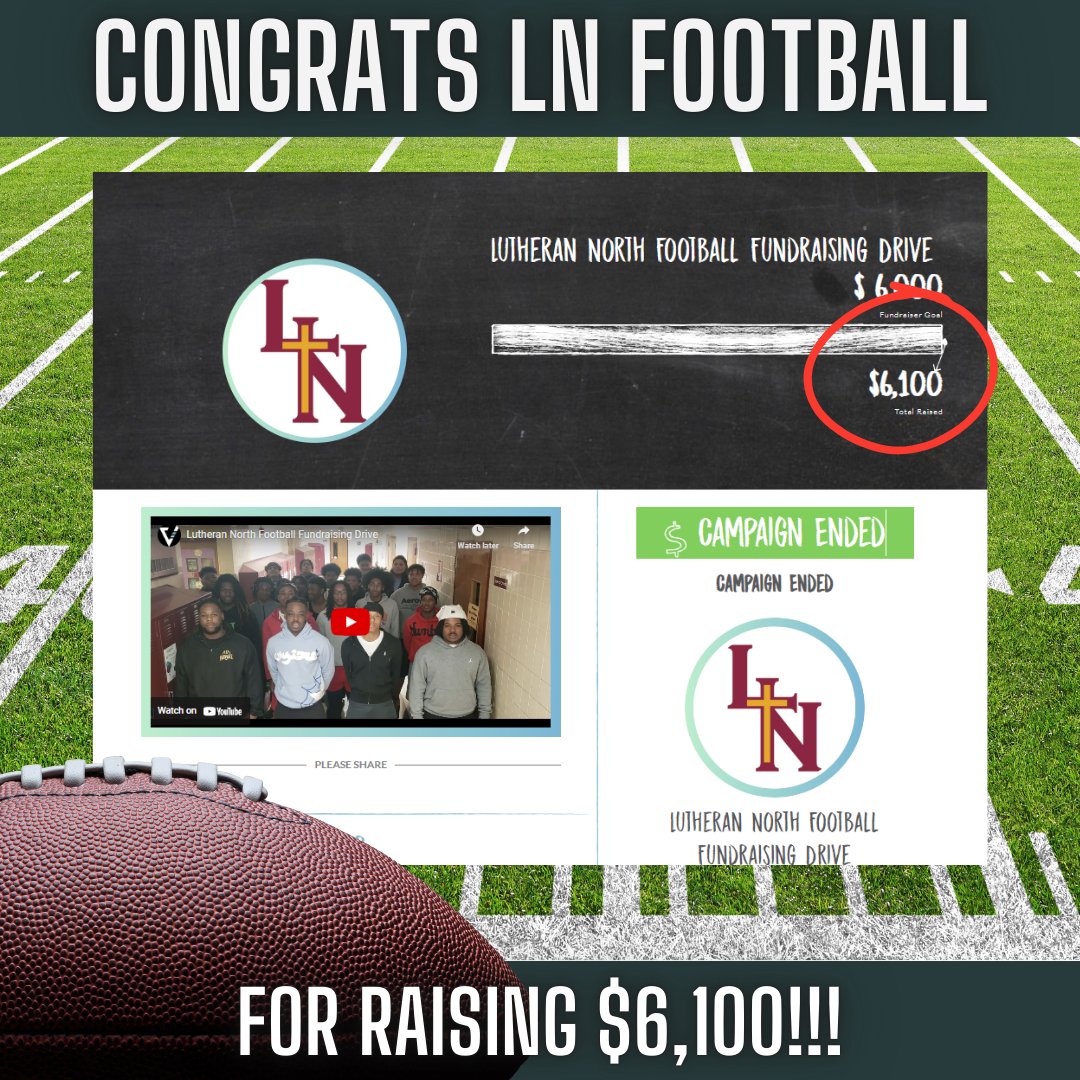 Congrats, Lutheran North Football, for raising $6,100!! Only 25 participants!! #DifferentBreed 
@THECoachKdub @lncrusaders