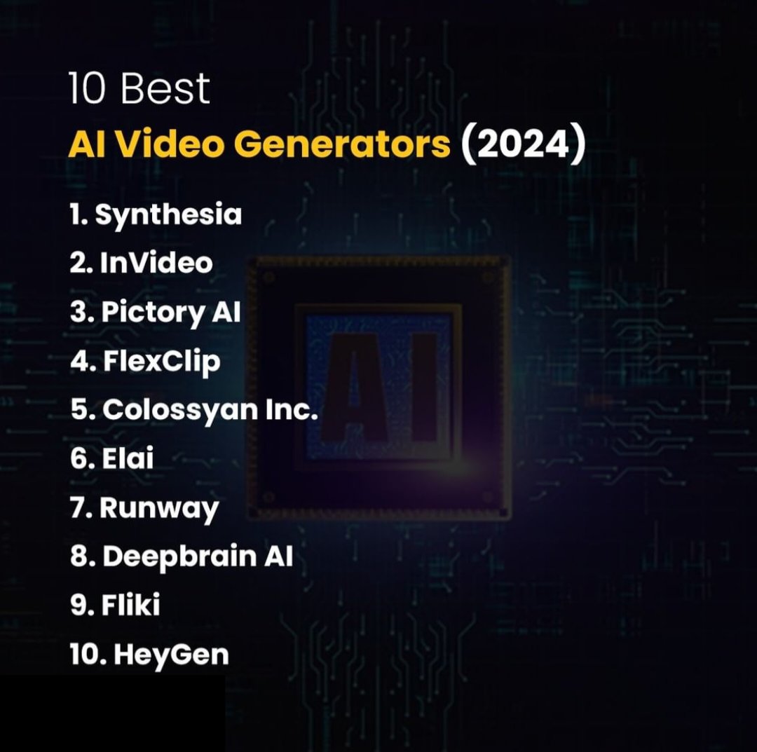 Want to create AI videos, try these AI Video Generators websites

#AI #AIvideo #video #videogenrator #synthesia #invideo #pictoryai #flexclip #colossyan #elai #runway #deepbrain #fliki #heygen