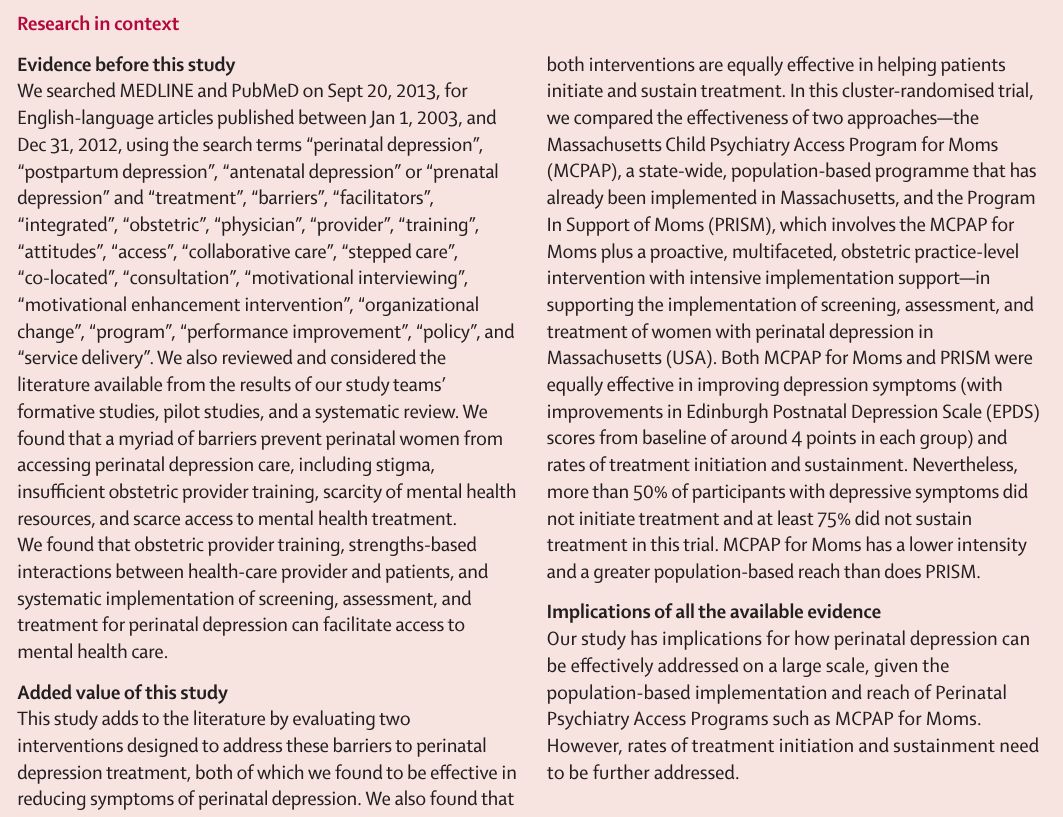 Perinatal depression is a common and undertreated condition, with many gaps and barriers in the care pathway. A study in @TheLancetPH evaluated two interventions designed to address these barriers to perinatal depression treatment: buff.ly/44jVtOy #WMMHDay