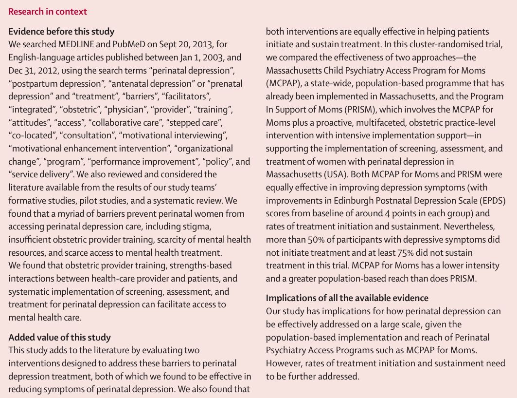 Perinatal depression is a common and undertreated condition, with many gaps and barriers in the care pathway.

A study in @TheLancetPH evaluated two interventions designed to address these barriers to perinatal depression treatment: buff.ly/44jVtOy #WMMHDay