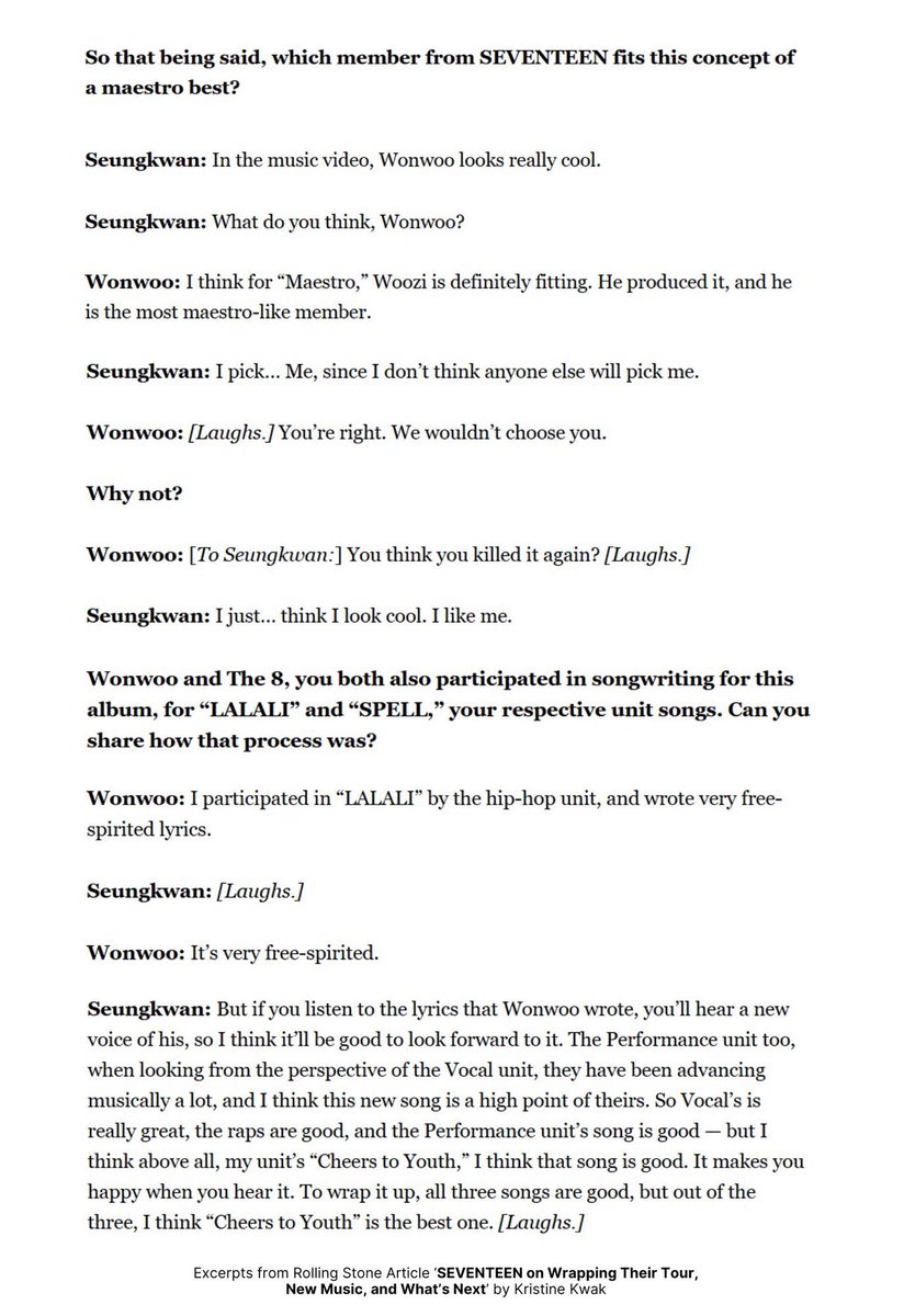 some of wonwoo and seungkwan’s dialogues from their latest rolling stone interview (with jun and the8!) 💜🧡 #원우 #승관