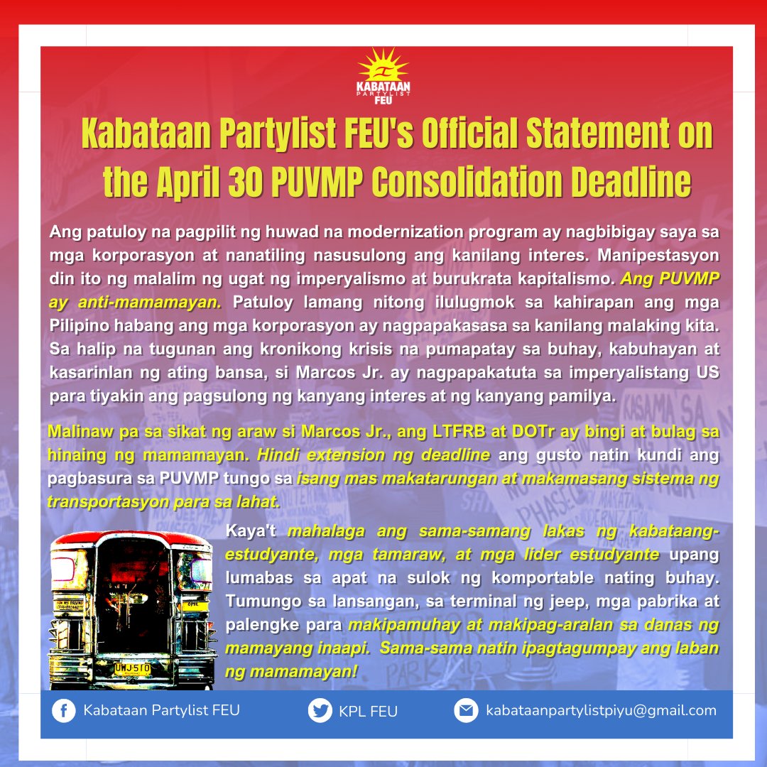 OPISYAL NA PAHAYAG NG KABATAAN PARTYLIST FEU HINGGIL SA APRIL 30 PUVMP CONSOLIDATION DEADLINE

Tamaraws! Sama-sama natin ipagtagumpay ang laban ng mamamayan!

#NoToJeepneyPhaseout
#NoToPUVMP

Sumali sa Kabataan PL FEU: tinyurl.com/JoinKPLFEU