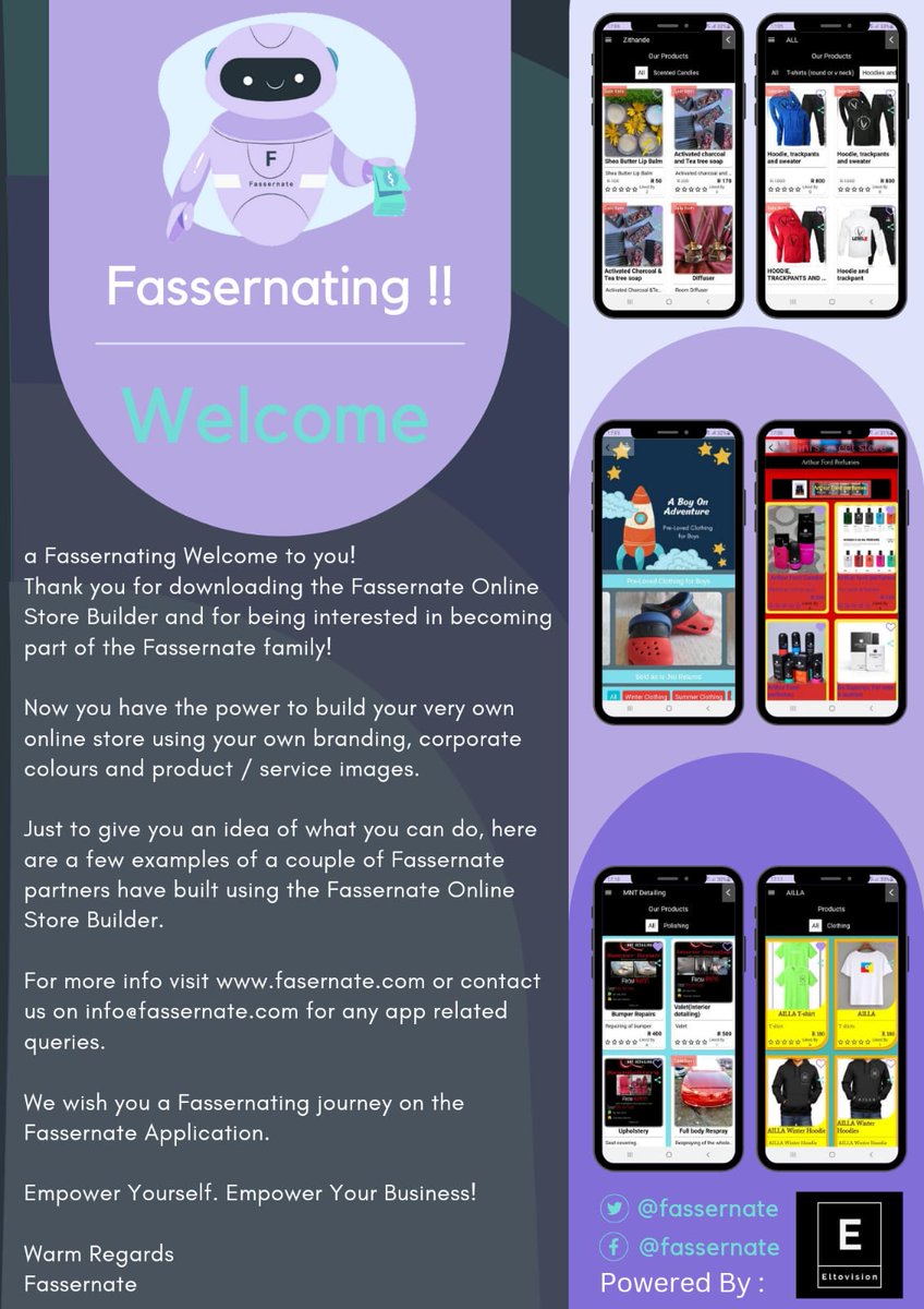 Proudly South African app that 100% #buylocal and #supportlocal businesses.  
#StopTalkingStartDoing 

#FassenateApp
#FassernateAI
Download today, stop procrastinating about starting your business ❤️🔥
Fassernate offers you free advertising and flexibility for orders placed ❤️