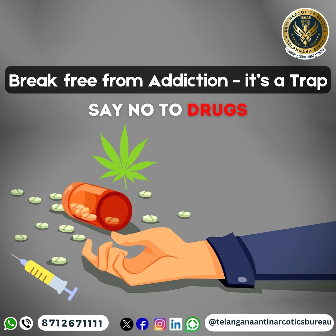 Break free from Addiction - it’s a Trap. Say No to Drugs. @TelanganaDGP @narcoticsbureau @CVAnandIPS @TelanganaCOPs @hydcitypolice @cyberabadpolice @RachakondaCop @NMBA_MSJE @UNODC #drugfreetelangana #drugfreegeneration #UNODC #tsnab