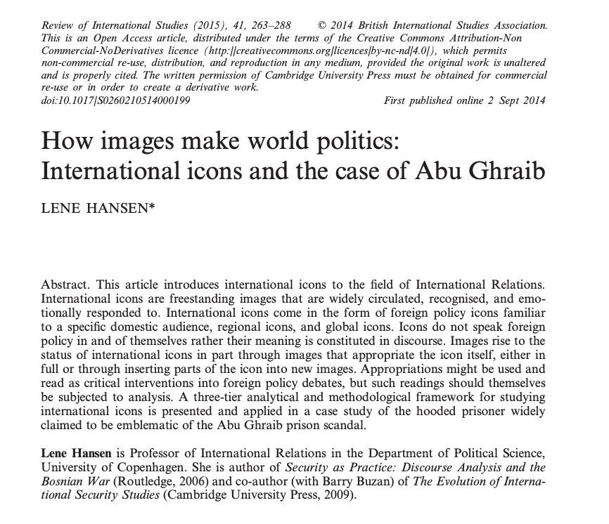 Looking back on some of @RISjnl's most significant articles over the past decade, here is a piece by Lene Hansen from 2014: 'How images make world politics: International icons and the case of Abu Ghraib'. It's #OpenAccess! 📄➡️buff.ly/3E2amtp