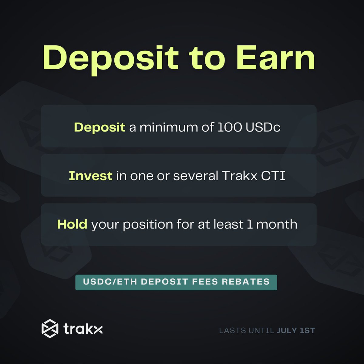 Looking to increase your #CTIs portfolio? Now's the perfect time to do so with Trakx's Rewarding program active until May 22! 👉 Earn 10% on your deposits in $TRKX and get advantage of the fee rebates on your ETH or USDC deposits. Learn more: trakx.io/resources/news…