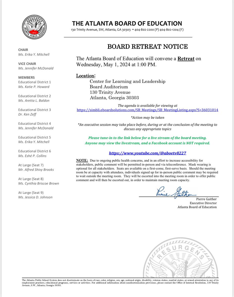 UPDATED: Board Retreat| Wednesday, May 1, 2024| Center for Learning and Leadership (130 Trinity Avenue, Atlanta, Georgia 30303)| 1:00 PM