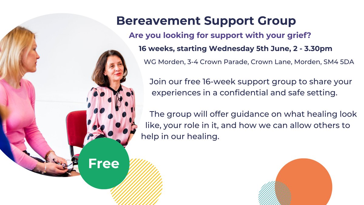 We're running a 16-week support group for bereaved adults, starting Wednesday 5th June, 2 - 3.30pm at WG Morden, SM4 5DA. For more info and to register your interest, email counselling@wimbledonguild.co.uk, call 020 8296 0030 or visit ow.ly/oTZE50Rn6Kj.