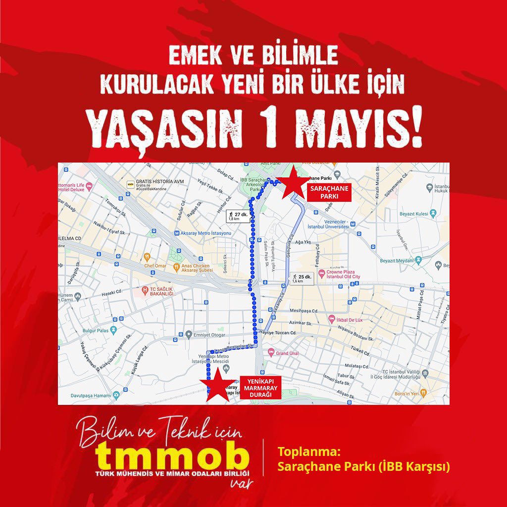 1 Mayıs alanı #Taksim e Yürüyoruz! Emek ve Bilimle Kurulacak Yeni Bir Ülke için Yaşasın 1 Mayıs! 1 Mayıs Çarşamba 10.00'da Saraçhane Meydanı’nda Toplanıyoruz. #HerYerTaksimHerYer1Mayıs