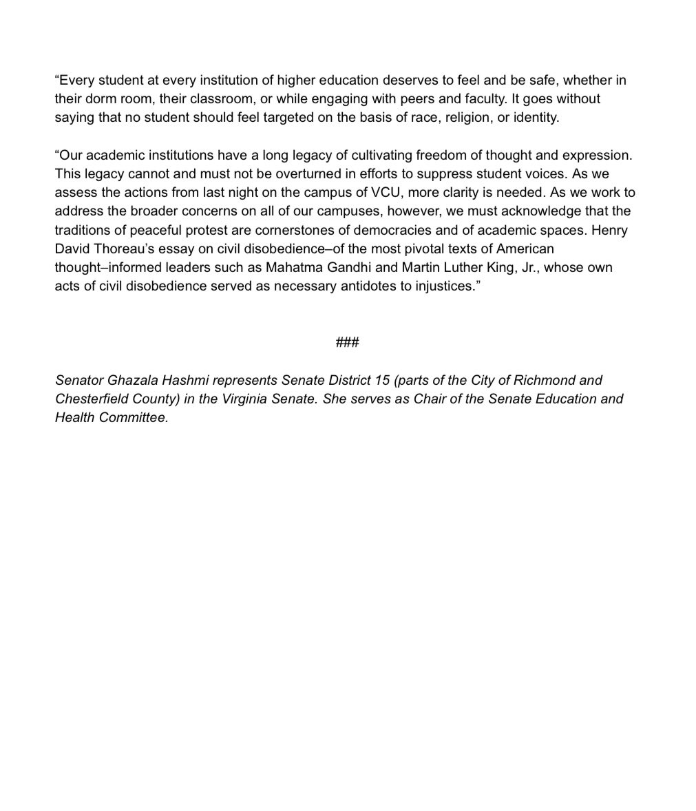 In light of the disturbing events last night on the Monroe Campus of Virginia Commonwealth University (VCU), Senator Ghazala Hashmi (SD 15) released the following statement: