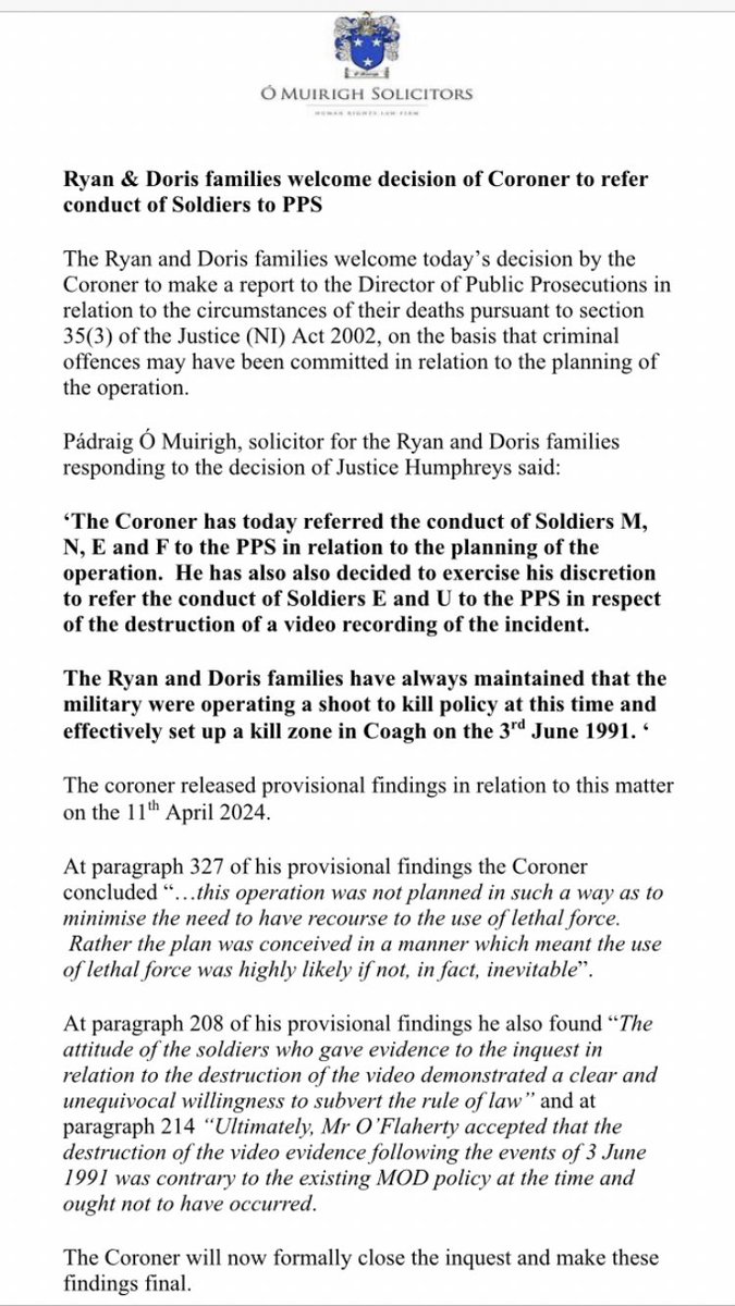 PRESS RELEASE: Ryan & Doris families welcome decision by Coagh Inquest Coroner to refer soldiers to DPP👇