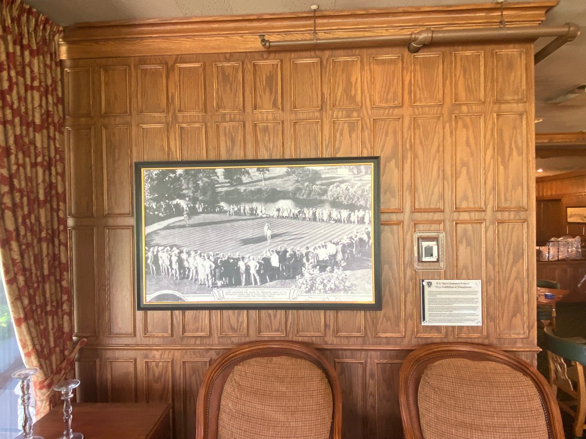 Next, we replaced these random placed, golf related items with a stunning 3x5 foot canvas of the Tommy Armour-Johnny Farrell 1927 exhibition at the club. An interpretive panels accompanies it to explain the significance. I love the way this canvas came out. #golfhistory