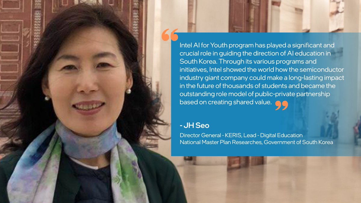 Intel's #AIskilling initiatives has found a dedicated ally in JH Seo, Director General of KERIS, and an #AIChangeleader. Through her leadership, the #AI4Youth program has reached students in South Korea, building an #AIready generation. #DigitalReadiness #AIskills
