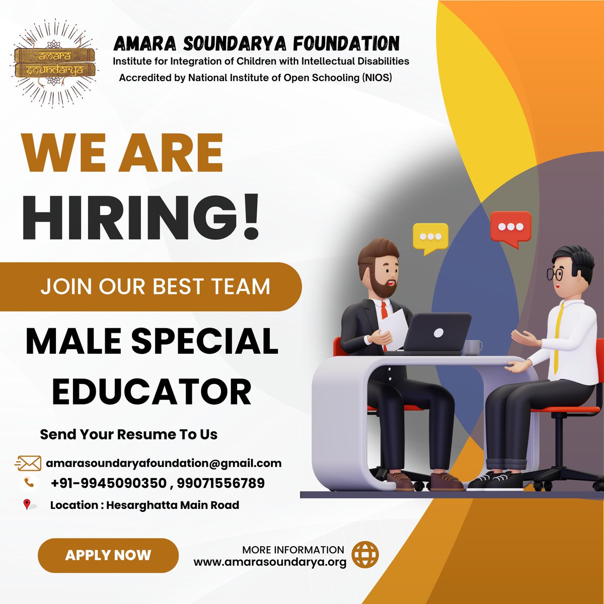 Join Our Team: Male Special Educator & Montessori Certified Teacher Wanted!
To Apply: amarasoundaryafoundation@gmail.com
To know more: Call: +91-99450 90350, 90715 56789

#JobOpportunity #HiringNow #JoinOurTeam