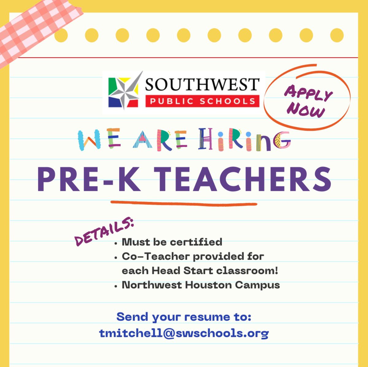 We are looking for highly qualified Pre-K teachers for the 24-25 school year! Join our fabulous team <a href="/swschoolstx/">Southwest Public Schools</a>!!
