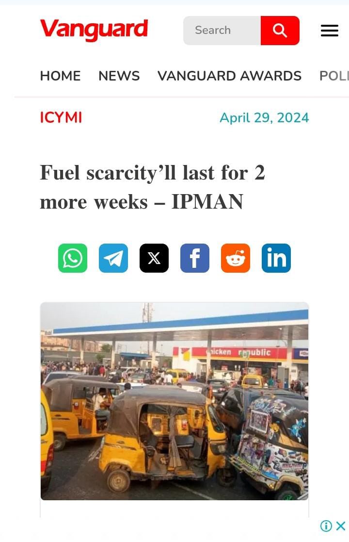 The Independent Petroleum Marketers Association of Nigeria, (IPMAN) has said the fuel scarcity will last for 2 more weeks.

I know it says two weeks but we, need to be prepared for a longer wait!