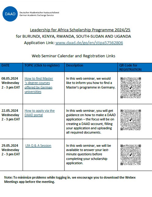 Are you interested in receiving step-by-step application guidance for the Leadership for Africa Scholarship Programme? We have prepared for you a series on this! You may register by scanning the QR codes here, or by visiting daad-kenya.org/en/about-us/on… @GermanyinKenya @GERinSSD