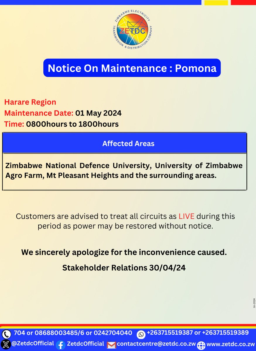 #NoticeOnMaintenance #Pomona 
Clients in the mentioned areas kindly take note. 

@HeraldZimbabwe