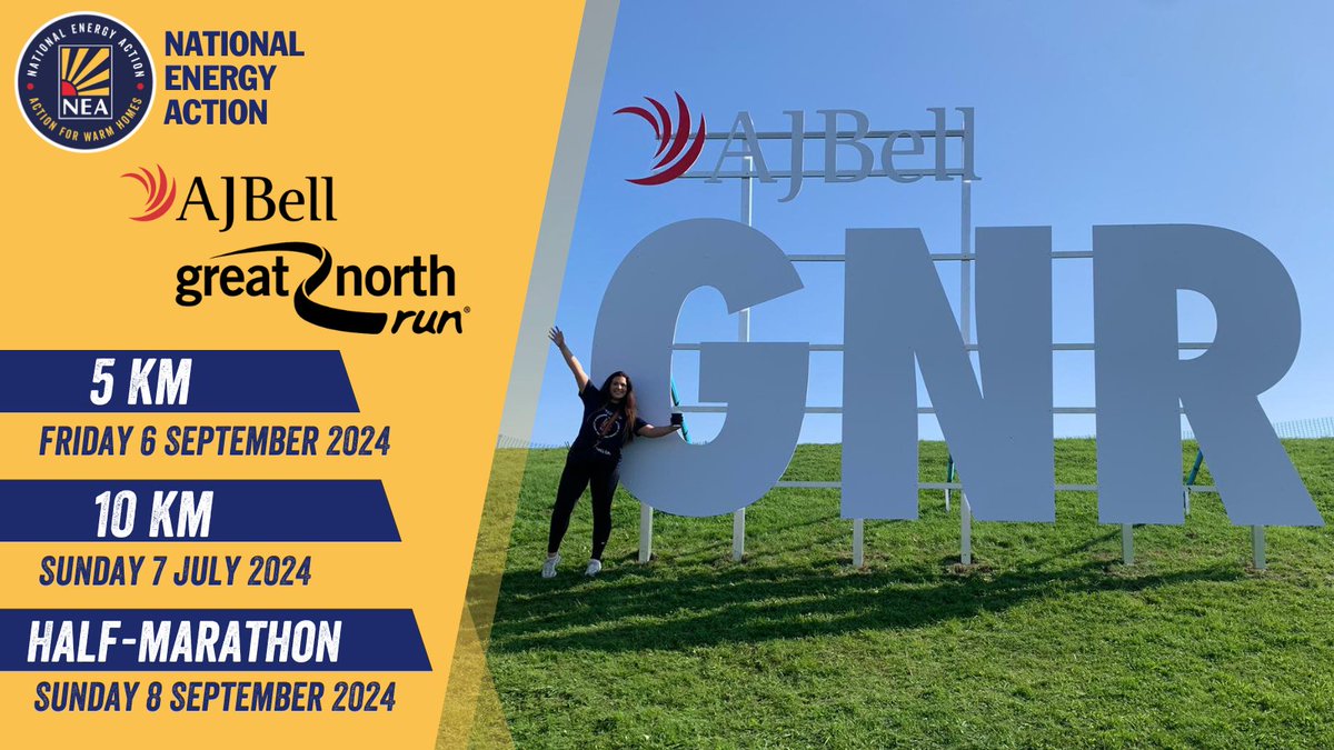 Final places remaining for the AJ Bell Great North Run 2024! 🏃

Secure your place today and become part of Team NEA in the fight against fuel poverty.

Sign up today - bit.ly/4bz9rj3

#GreatNorthRun #TeamNEA
