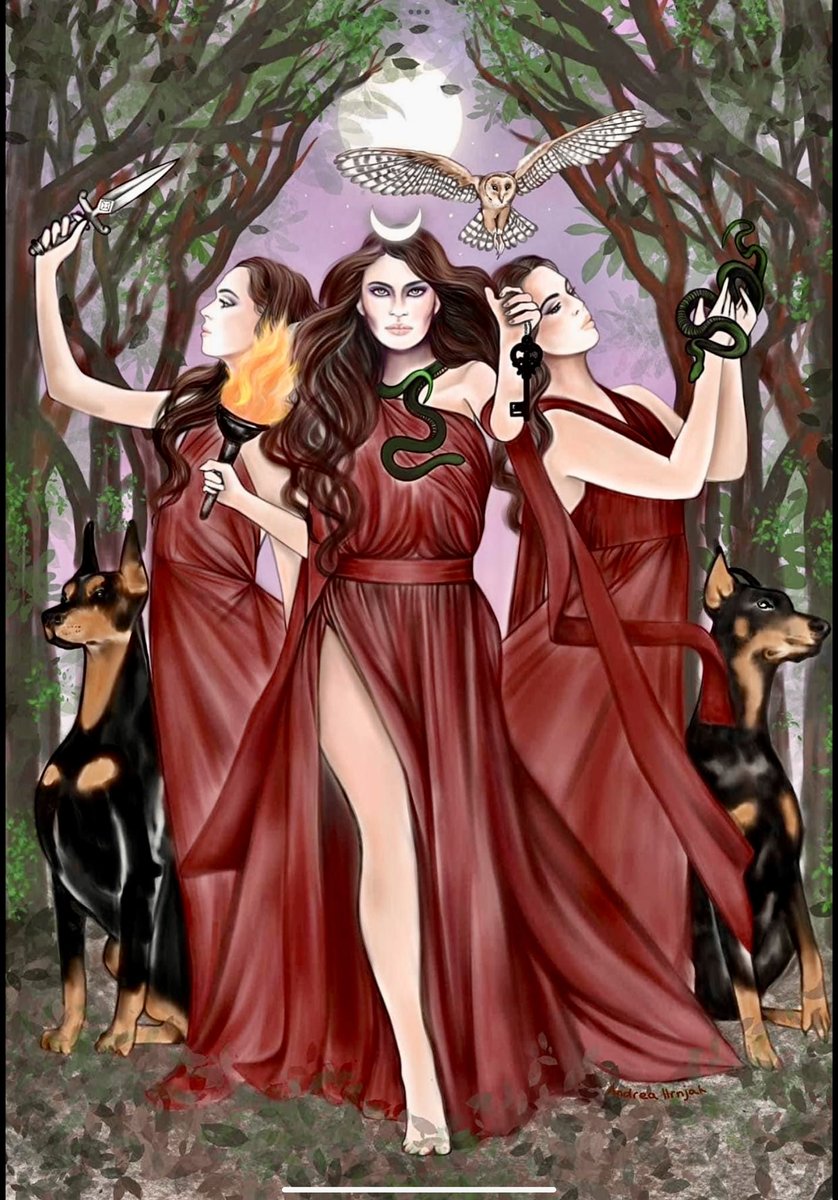 On Tuesdays we wear burgundy. #GoddessHecate art by Andrea Hrnjak. #coloroftheday #TuesdayVibes #barnowl #hounds #snakes #spiritanimals #HailHecate #goddess #triplegoddess #GuardianOfTheCrossroads #WomensArt #WomenEmpowerment