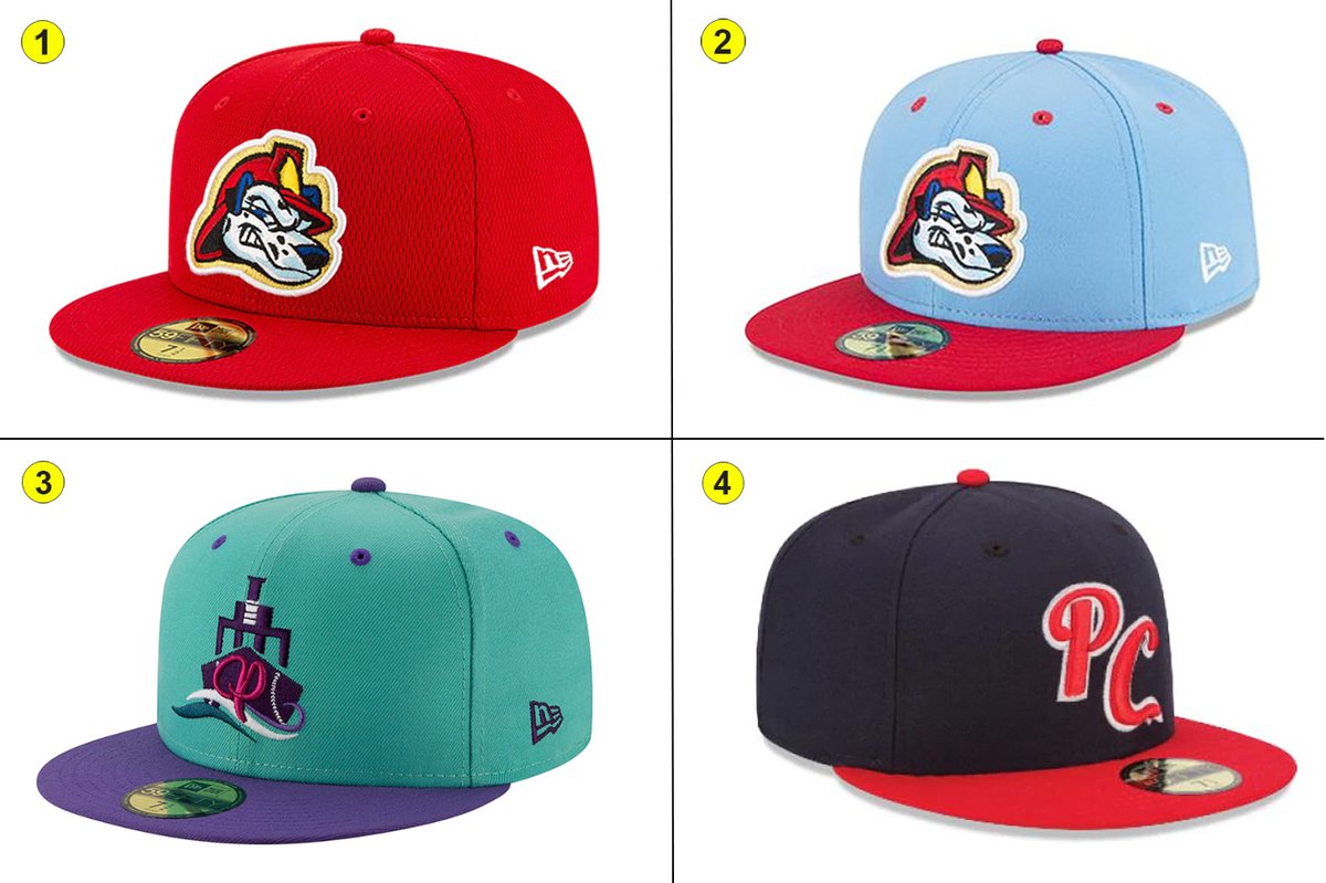 Dad and I will visit the @MiLB @peoriachiefs on July 4 as part of our 23-team Eastern Midwest Road Trip. I limit myself to one hat per team. Which should it be? 1, 2, 3, or 4? (Or post an alternate in the comments.) #23ballparks23days