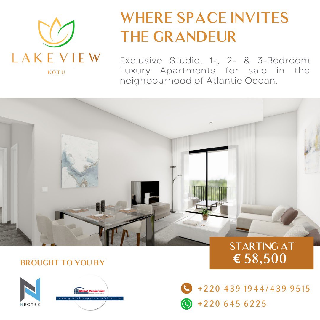 Experience the harmony of opulence and natural beauty at LAKE VIEW! Discover the allure of lakeside living with our selection of expansive apartments. Make LAKE VIEW your new home today!

Call us on 439 1944 or WhatsApp on +220 645 6225 for more info. 

#SaulFRAZER #LakeView